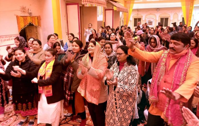 Devotees doing bhajan-kirtan at Shree Raghunathji Temple in Jammu on Saturday.