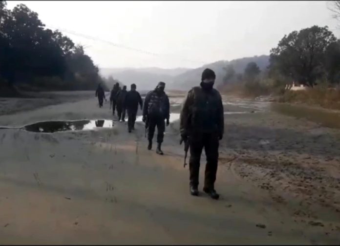 Security forces conducting searches in Dergarh area of Samba district on Friday.