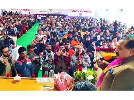 Union Minister Dr Jitendra Singh addressing Kisan Sammelan at Hiranagar on Sunday. -Excelsior/Pardeep