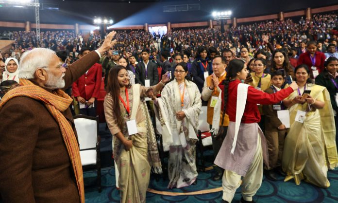 Prime Minister Narendra Modi interacts with students, teachers and parents during the Pariksha Pe Charcha 2024, in New Delhi on Monday. (UNI)