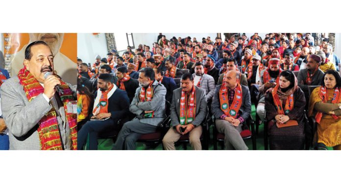 Union Minister Dr Jitendra Singh addressing party leaders and workers during inauguration of BJP election office at Udhampur on Tuesday.