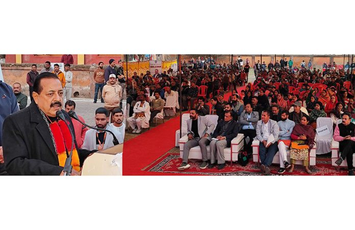 Union Minister Dr Jitendra Singh speaking at a function in Ramnagar on Sunday.