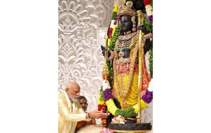 Prime Minister Narendra Modi offers prayers before the idol of Ram Lalla during the 'Pran Pratishtha' rituals at the Ram Mandir, in Ayodhya on Monday. -Excelsior photo
