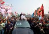 Congress leader Rahul Gandhi waving supporters during Bharat Jodo Nyay Yatra in Kishanganj on Monday.(UNI)