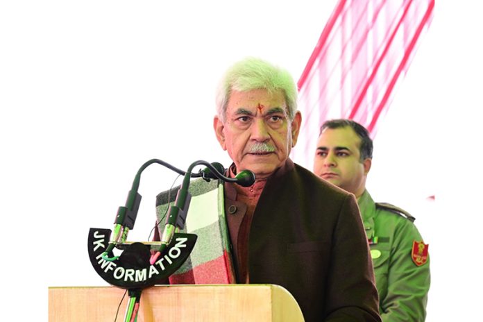 LG Manoj Sinha addressing ex-servicemen and others in Jammu on Sunday.