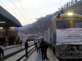 A train on trial run from Banihal-Khari in Ramban as part of a vital inspection on Wednesday.