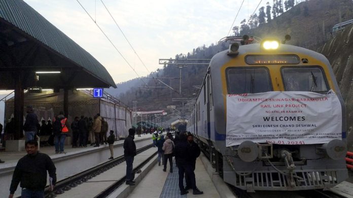 A train on trial run from Banihal-Khari in Ramban as part of a vital inspection on Wednesday.