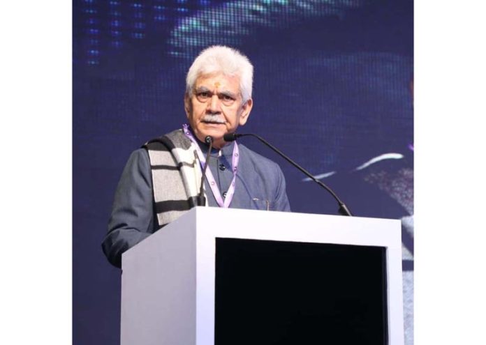 LG Manoj Sinha addressing ‘Baat Bharat Ki’ conclave organised by Panchjanya in New Delhi on Monday.