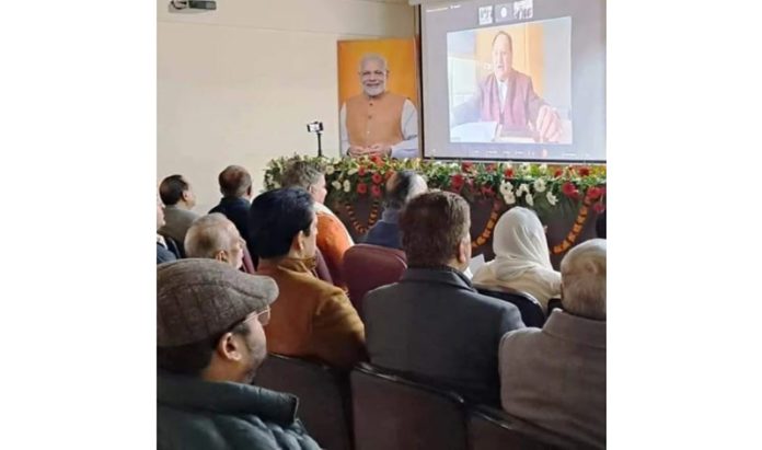 BJP national president J P Nadda addressing party's JK Core Group and senior leaders through virtual mode on Sunday.