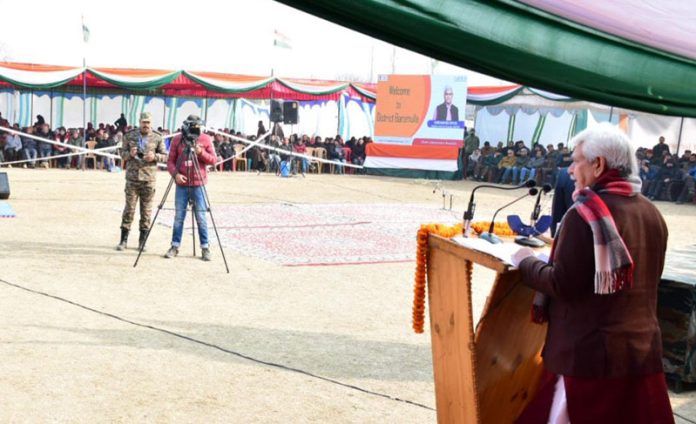 LG Manoj Sinha addressing a function at Baramulla on Tuesday. -Excelsior/Aabid Nabi