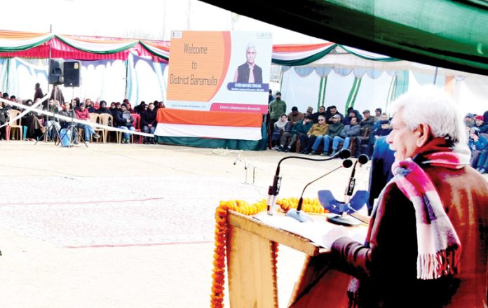 LG Manoj Sinha addressing a function at Baramulla on Tuesday. -Excelsior/Aabid Nabi