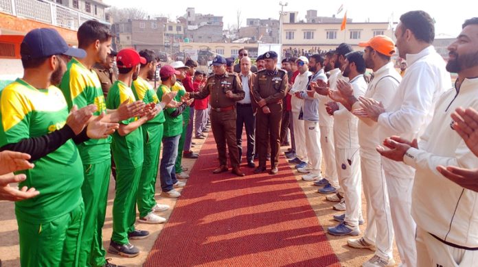 DIG Dr Sunil Gupta interacting with players during Martyrs Memorial T20 Cricket tourney at Doda on Friday.  -Excelsior/Tilak Raj