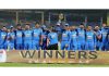 India team posing with trophy after defeating Afghanistan 3-0 in T20 series.