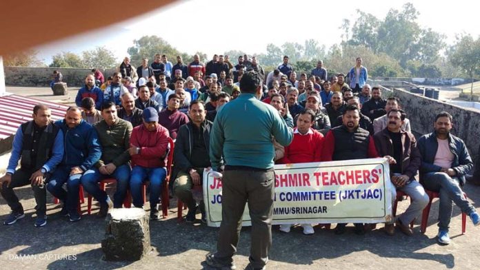 Members of JKTJAC holding monthly meeting at Udhampur on Sunday.