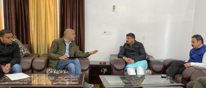 BJP leaders led by Pawan Khajuria party vice president during a meeting with Chief Engineer, UEED at Jammu on Thursday.