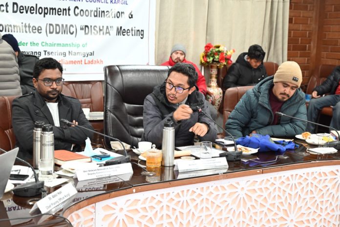 MP Ladakh, Jamyang Tsering Namgyal chairing a meeting at Kargil on Friday.