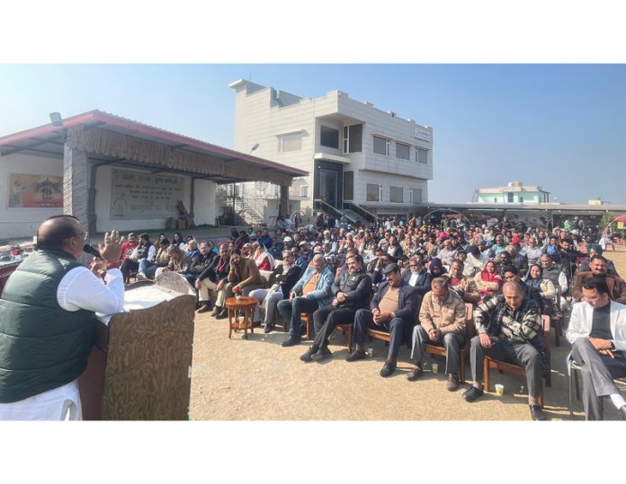 Former Minister, C P Ganga addressing a meeting at Salmeri Vijaypur on Thursday.