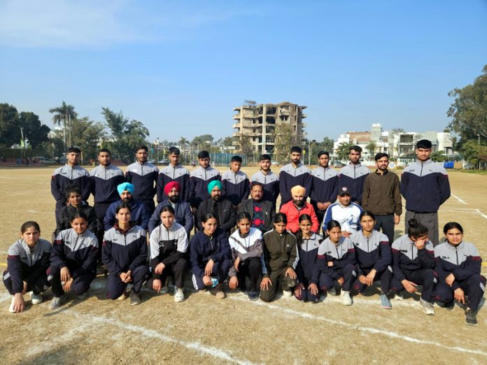J&K-UT Kabaddi boys & girls teams posing with dignitaries on Sunday.