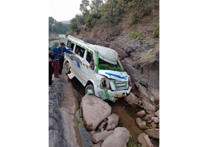 Tempo Traveler goes out of control and falls into gorge in Kalakot area of Rajouri. — Excelsior/ Imran