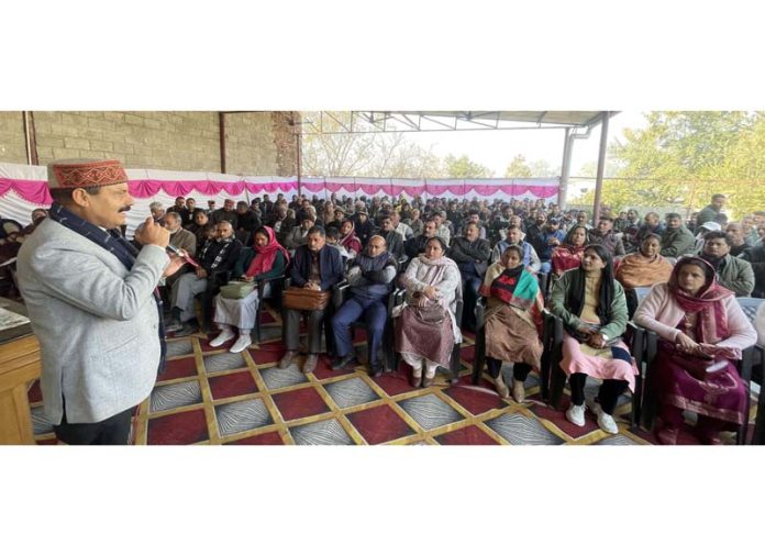 BJP leader, Balwant Singh Mankotia addressing a gathering at Udhampur on Thursday.