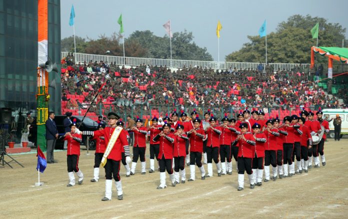 Participants of JKP Pipe Band during March Past on the occasion of 75th Republic Day celebrations at Jammu.