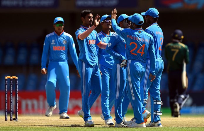 India U-19 team celebrating victory against Ireland.