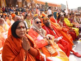 Saints attending the consecration ceremony of Ram Lalla, in Ayodhya on Monday. (UNI)