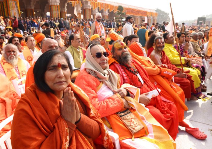 Saints attending the consecration ceremony of Ram Lalla, in Ayodhya on Monday. (UNI)
