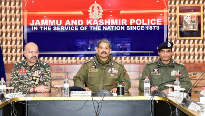 DGP RR Swain chairing a high-level joint security review meeting in Srinagar on Wednesday.