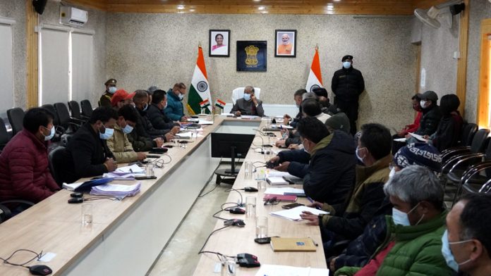 LG Ladakh, Brigadier (Dr.) B.D Mishra (Retd.) chairing a meeting with Departmental Secretaries and HoDs on Wednesday.