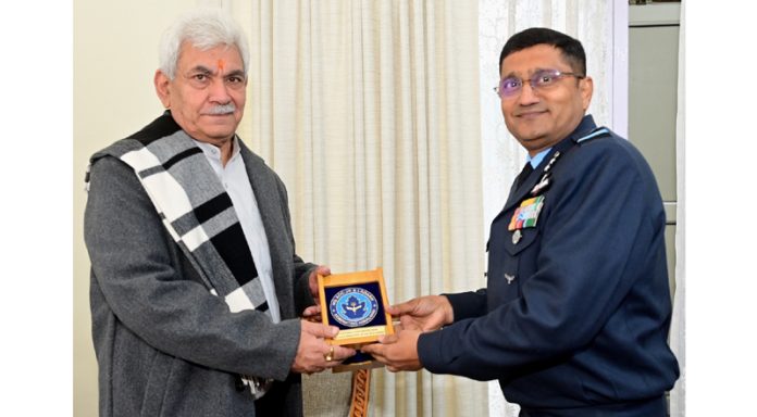 Lt Governor Manoj Sinha during meeting with Air Vice Marshal Vikram Gaur at Jammu.