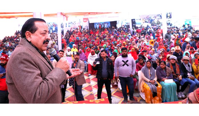 Union Minister Dr Jitendra Singh speaking as chief guest at the “Viksit Bharat Sankalp Yatra” program at Manipuri, UP on Tuesday.