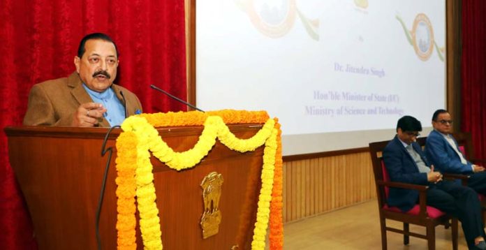 Union Minister Dr. Jitendra Singh, as chief guest, addressing the Vaishvik Bharatiya Vaigyanik (VAIBHAV) Fellowship event, at New Delhi, on Tuesday.