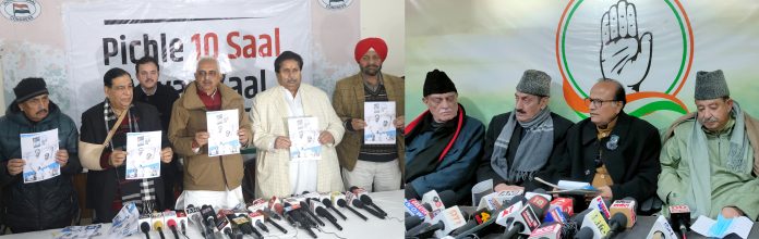 AICC leader Akhilesh Pratap with others releasing broucher on ‘Bharat Jodo Nyay Yatra’ in Jammu (L), senior Cong leader Meem Afzal with party leaders addressing press conference in Srinagar (R). -Excelsior/Rakesh/Shakeel
