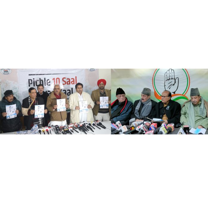 AICC leader Akhilesh Pratap with others releasing broucher on ‘Bharat Jodo Nyay Yatra’ in Jammu (L), senior Cong leader Meem Afzal with party leaders addressing press conference in Srinagar (R). -Excelsior/Rakesh/Shakeel