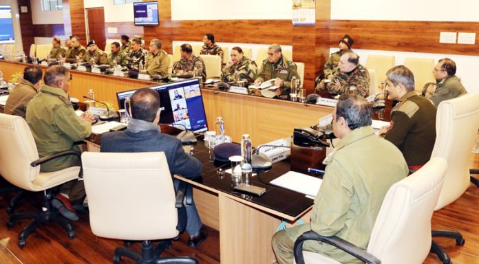 DGP RR Swain, chairing a high-level meeting of the police officers at PHQ in Jammu on Saturday.