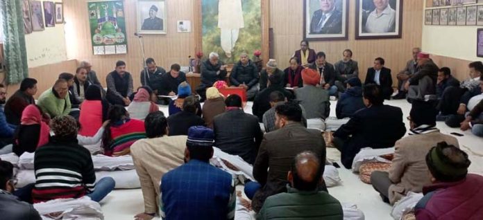 Senior NC leaders Ajay Sadhotra and Rattan Lal Gupta during meeting at party office in Jammu on Wednesday.