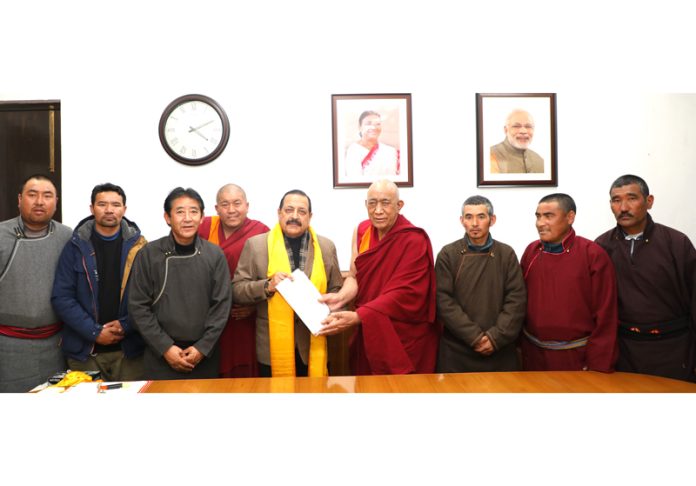 Ladakh delegation led by LAHDC-Kargil Councillor, Stanzin Lakpa handing over a memorandum to Union Minister, Dr Jitendra Singh at New Delhi on Monday.