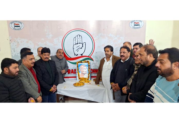 Cong leaders paying tribute to Mahatma Gandhi during a function in Jammu.