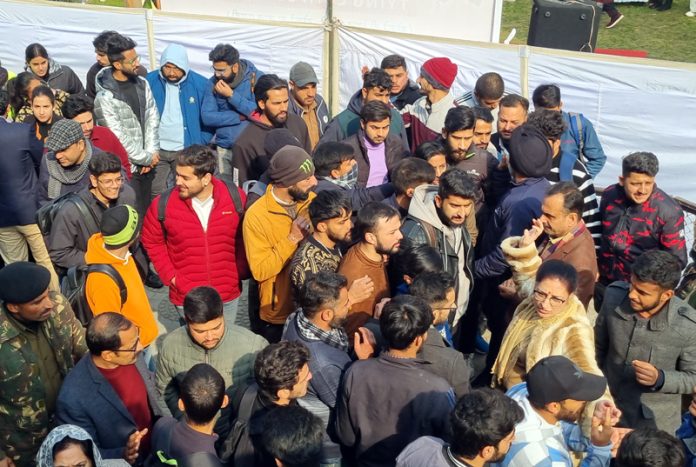 Law students protesting outside an examination centre in University of Jammu on Wednesday. —Excelsior/Rakesh