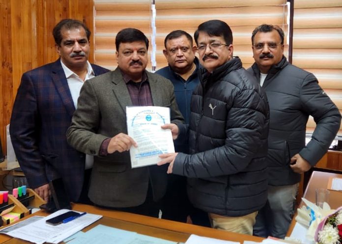 JCCI delegation submitting charter of demands to Commissioner State Taxes Deptt P K Bhat in Jammu on Wednesday.