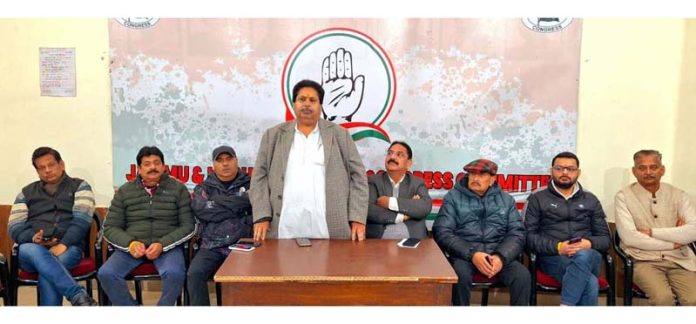 JKPCC working president Raman Bhalla addressing a party meeting in Jammu on Wednesday.