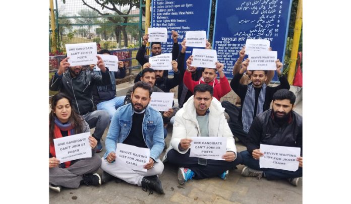 JKSSB aspirants protesting at Jammu on Saturday.