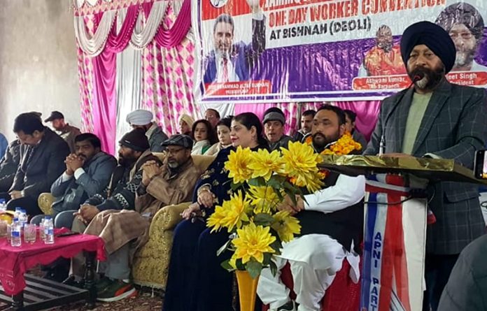 Manjit Singh addressing a convention of Apni Party in Bishnah on Sunday.