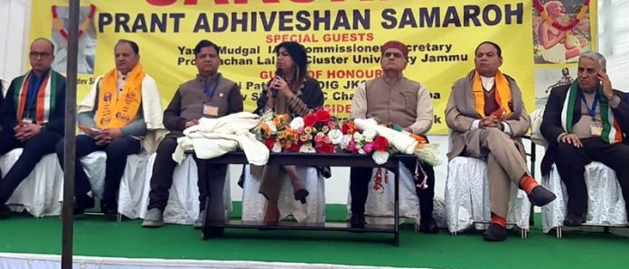 Yasha Mudgal, along with other dignitaries, during the Prant Adhiveshan Samaroh for Divyangs, in Samba District on Sunday.