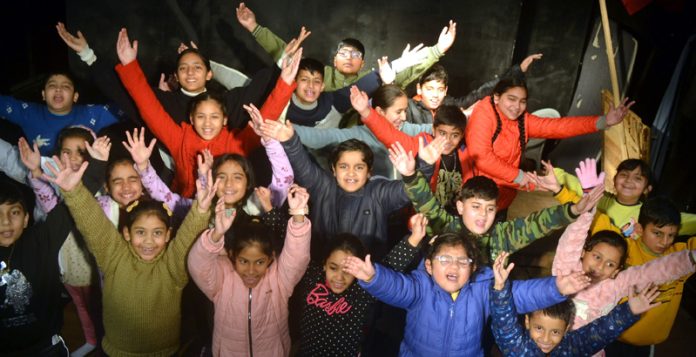 Children enjoying Natrang's winter theatre workshop in Jammu.