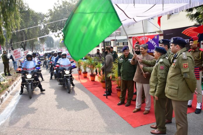 DGP RR Swain flagging off a road safety awareness rally in Jammu on Sunday.