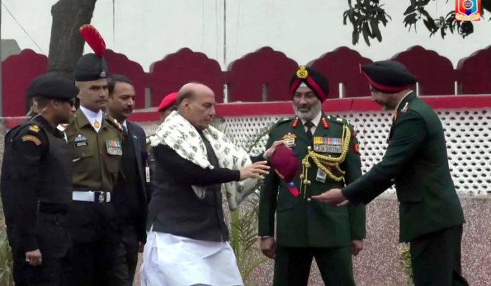Defence Minister Rajnath Singh with NCC DG Lt. General Gurbirpal Singh at NCC Republic Day Parade 2024 camp, at Delhi Cantt, in New Delhi on Saturday. (UNI)
