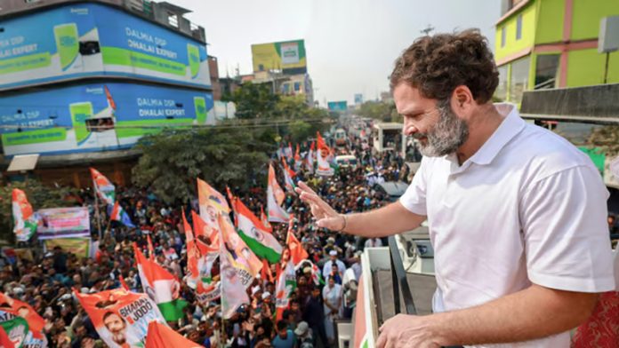 Congress leader Rahul Gandhi waves at supporters during 'Bharat Jodo Nyay Yatra'.