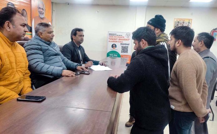 Sat Sharma, former Minister and former President, J&K BJP attending a public grievance camp in Jammu on Wednesday.